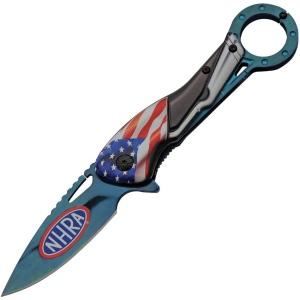 National Hot Rod Association 54BL Flag Linerlock Knife Assist Open Blue Handles