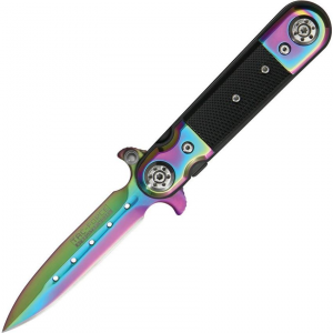 China Made M4075 Assisted Opening Linerlock Folding Pocket Knife with Black Checkered Aluminum Rainbow Finish Handle