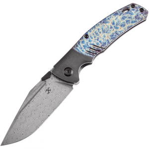 Kansept 1057A6 Damascus Hinterland Framelock Knife Black Stonewash/Lightning Handles