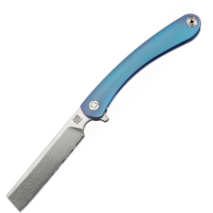 Artisan 1817GDBU Damascus Steel 3 1/2Inches Blade Orthodox Framelock Knife with Blue Handle