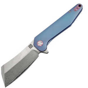 Artisan 1803GDBU Damascus Steel Blade Osprey Framelock Knife with Blue Titanium Handle
