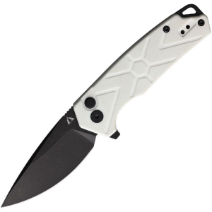 CMB 14W Black Stonewash Button Lock Knife White G10 Handles