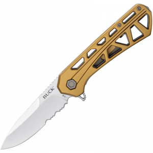 Buck 812BRX Trace Stonewashed Part Serrated Linerlock Knife Bronze Handles