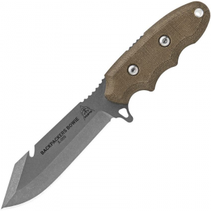 TOPS BPB01 Backpackers Bowie TumbLED Finish Blade Knife with Green Canvas Micarta Handle