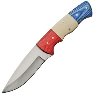 Pakistan 3383 Fixed Satin Finish Stainless Blade Knife with Red Wood, White Bone and Blue Wood Handle