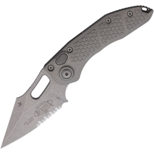 Microtech 16911APNC Auto Stitch Apocalyptic Part Serrated Single Edge Wharncliffe Button Lock Knife Gray Handles