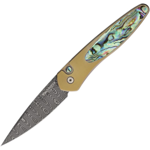 Pro Tech NC004 Auto Newport Button Lock Knife Gold Titamium/Abalone Handles