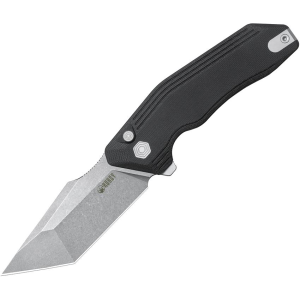 Kubey 392A Yokai Stonewash Tanto Button Lock Knife Black G10 Handles