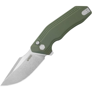 Kubey 391B Basilisk Stonewash Button Lock Knife OD Green G10