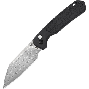 CJRB 1945DBK Pyrite Light Damascus Button Lock Knife Black FRN Handles
