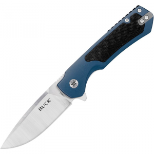Buck 714BLS Stinger Satin D2 Carbon Steel Drop Point Framelock Knife Blue/Carbon Fiber Handles