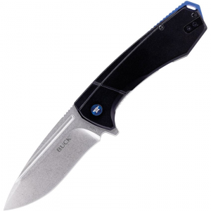 Buck 713BLS Ruckus Stonewash D2 Carbon Steel Drop Point Framelock Knife Black/Blue Handles