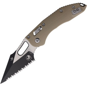 Microtech 17868 Stitch Two-Tone Serrated Single Edge Ram-Lok Knife Tan Fluted Handles