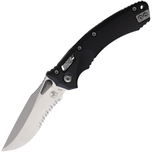 Microtech 16135 Amphibian Stonewash Part Serrated Single Edge Ram-Lok Knife Black Fluted Handles