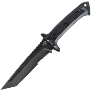 Skallywag Tactical 17017 Riptide Black Part Serrated D2 Carbon Steel Tanto Fixed Blade Knife Black G10 Handles