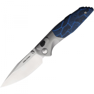 Real Steel 7901DB Hoeft Satin Button Lock Knife Black/Blue G10 Handles