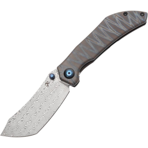 Kansept 1079A4 Tipper Damascus Framelock Knife Tiger Stripe Handles