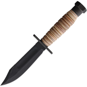 Ontario 6150 Air Force Survival Black Carbon Steel Fixed Blade Knife Stacked Leather Handles