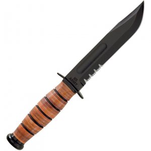 Ka-bar 5019 U.S. Army Fighting Fixed Partially Serrated Carbon Steel Blade Knife with Stacked Leather Handle