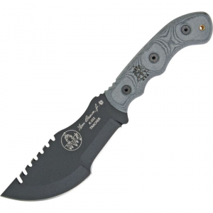 TOPS T010T2 Tom Tracker T-2 Fixed Black Traction Coated Blade Knife with Black Linen Micarta Handles