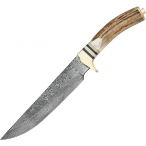 Damascus 1006 Bowie Fixed Damascus Steel Blade Knife with Genuine Stag Handle