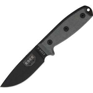 ESEE 3PMMB Model 3 Standard Edge Fixed Blade Knife with Black Linen Micarta Modified Rounded Pommel Handles