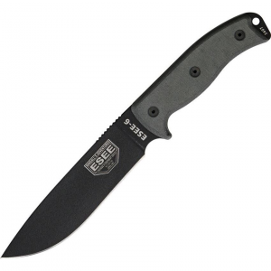 ESEE 6POD Model 6 Plain Edge Black Textured Powder Coated Blade Knife with Black Linen Micarta Handles