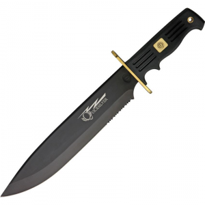 Frost QS578RUBB Quicksilver Bowie Fixed Black Coated Stainless Blade Knife with Black Fingergrooved Rubberized Handle