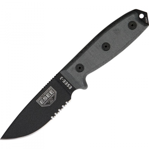 ESEE 3SKO Model 3 Part Serrated Fixed Blade Knife with Black Linen Micarta Glass Breaker Pommel Handles