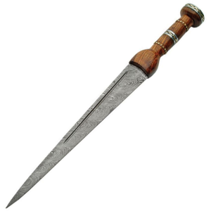 Damascus 1060 Dirk Fixed Damascus Steel Double Edge Blade Knife with Brown Wood Handles
