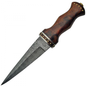 Damascus 1076 Sgian Dubh Fixed Damascus Steel Dagger Blade Knife with Contoured Brown Rosewood Handle