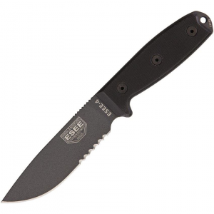 ESEE 4STGB Model 4 Serrated Tactical Fixed Blade Knife with Removable Black Micarta Handles