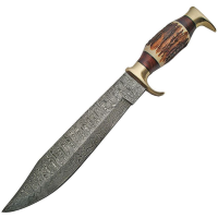 Damascus 1164 Bowie Damascus Fixed Steel Clip Point Blade Knife with Stag Bone Handle