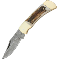 Damascus 1019 Lockback Folding Pocket Damascus Steel Clip Blade Knife with Stag Handles