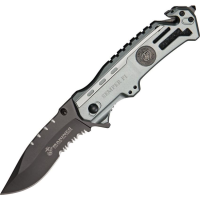 Marine 1002DS Assisted Opening Part Serrated Drop Point Linerlock Folding Pocket Knife with Silver Aluminum Handles