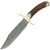 Damascus 1009 Bowie Fixed Knife Damascus Steel Blade Knife with Genuine Stag Handle