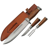 Pakistan 203415 Bowie Combo Satin Fixed Blade Knife Brownwood Handles