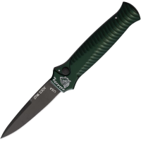 Piranha P7GT Auto Miniguard Black Button Lock Knife Green Handles