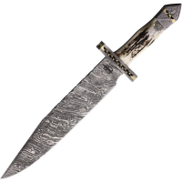 BucknBear 16305 Big Game Texas Bowie Damascus Fixed Blade Knife Stag Handles