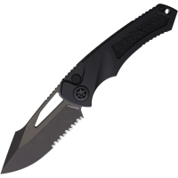 Heretic 0466BT Pariah Black Part Serrated Button Lock Knife Black Handles