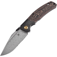 Kansept 1057A3 Damascus Hinterland Framelock Knife Black Stonewash/Copper Foil Carbon Fiber Handles