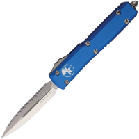 Microtech 12212BL Auto Ultratech Stonewashed Serrated Double Edge OTF Knife Blue Handles
