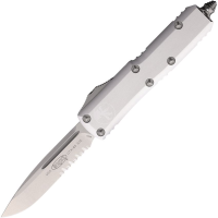 Microtech 23111CR Auto UTX-85 Stonewash Part Serrated Single Edge OTF Knife Silver Aluminum Handles