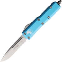 Microtech 23111TQ Auto UTX-85 Stonewash Part Serrated Single Edge OTF Knife Turquoise Aluminum Handles