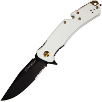 V NIVES 34GPSBW Black Rambo Utility Pro Elite Black Part Serrated Clip Point Knife Ivory G10 Handles