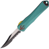 Heretic 026B14BBOUNTY Auto Manticore Two-Tone Part Serrated MagnaCut Bowie OTF Knife Teal Battleworn Handles