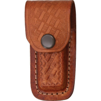 Sheath 1130 Folding Knife with Dark Brown Leather Embossed Basketweave Design