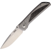 Pena 72 Mula Satin Drop Point Framelock Knife Fray Titanium/Black Carbon Fiber/Damasteel Handles