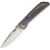 Pena 70 Mula Satin Drop Point Framelock Knife Gray Titanium/Black Micarta/Mokuti Handles