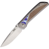 Pena 71 Mula Satin Drop Point Framelock Knife Gray Titanium/Brown Micarta/Mokuti Handles